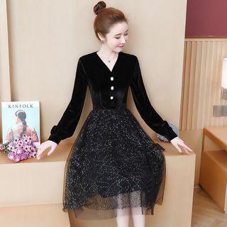 V-neck Long-sleeve Glitter A-line Midi Mesh Dress