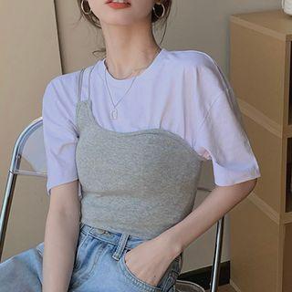 Mock Two-piece Elbow-sleeve Cropped T-shirt White & Gray - One Size