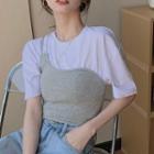 Mock Two-piece Elbow-sleeve Cropped T-shirt White & Gray - One Size