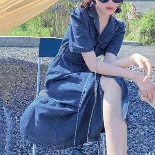 Short-sleeve Open-collar Midi A-line Denim Shirtdress