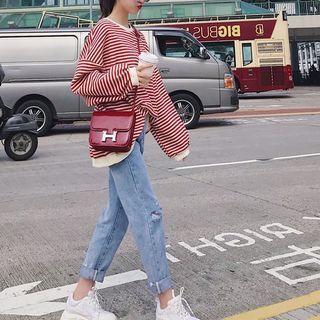 Long-sleeve Striped T-shirt / Distressed Straight-fit Jeans / Set