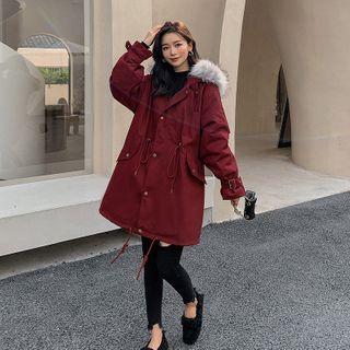 Faux Fur Trim Fleece-lined Hooded Zip Jacket