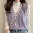 Long-sleeve Mock Neck T-shirt / Button Knit Vest