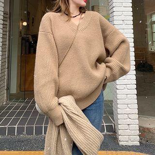 Set: V-neck Plain Sweater + Scarf