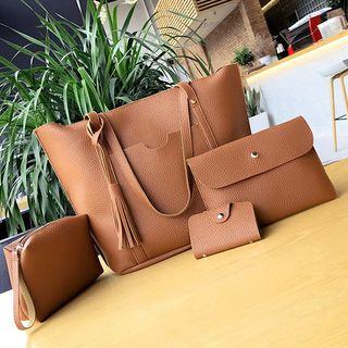 Set: Tasseled Faux Leather Tote Bag + Shoulder Bag + Pouch + Coin Purse