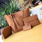 Set: Tasseled Faux Leather Tote Bag + Shoulder Bag + Pouch + Coin Purse