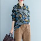 Leaf Print Placket Shirt As Shown In Figure - One Size