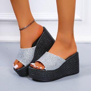 Sequined Platform Wedge-heel Slide Sandals