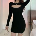 Long-sleeve Cutout Sheath Dress Black - One Size