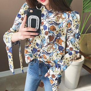 Puff-shoulder Tie-cuff Floral Top