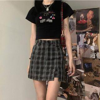 Short-sleeve Print T-shirt / Plaid Skort