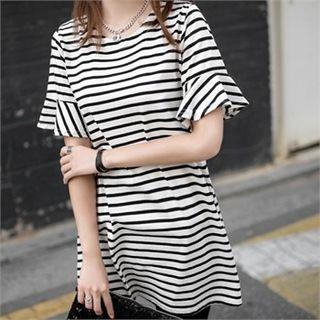 Ruffle Short-sleeve Striped T-shirt Dress
