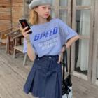 Short-sleeve Lettering T-shirt / Denim Pockets Mini Skirt