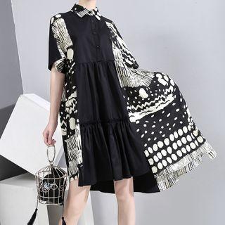 Printed Panel Short-sleeve Asymmetric Hem Midi A-line Dress Black - One Size
