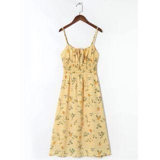 Spaghetti Strap Floral Print Shirred Check A-line Dress