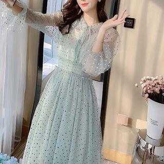 Sequined Long-sleeve Mesh Midi A-line Dress