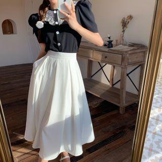 Puff-sleeve Lace Panel Blouse / High-waist Plain Skirt