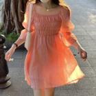 3/4-sleeve Smocked Mini A-line Dress Orange Pink - One Size