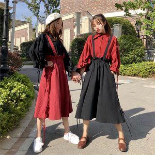 Bell-sleeve Shirt / Midi Suspender Skirt