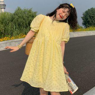 Short-sleeve Crew Neck A-line Dress Yellow - One Size