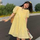 Short-sleeve Crew Neck A-line Dress Yellow - One Size