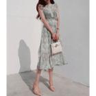 Mandarin-collar Sleeveless Pattern Dress With Sash