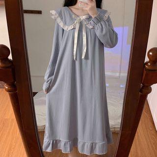 Long-sleeve Collared Lace Trim Midi Sleep Dress