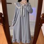 Long-sleeve Collared Lace Trim Midi Sleep Dress