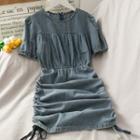 Drawstring-side Denim Mini Dress