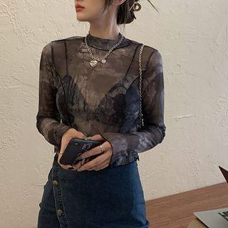 Long-sleeve Semi Turtleneck Tie-dye Sheer Top