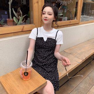 Set: Dotted Strappy A-line Chiffon Dress + Short-sleeve T- Shirt