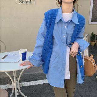 Long-sleeve Plain Loose-fit Shirt / Loose-fit Knit Vest