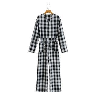 Long-sleeve Gingham Jumpsuit