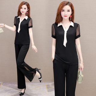 Set: Short-sleeve Tie-neck Blouse + Wide-leg Pants