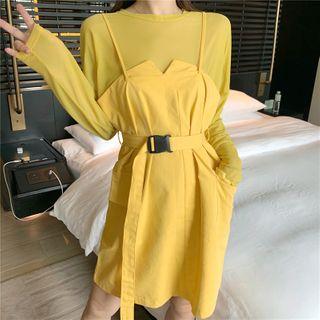 Plain Long-sleeve T-shirt / Tie-waist Suspender Skirt