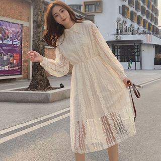Long-sleeve Collar Midi A-line Lace Dress Almond - One Size