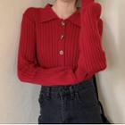 Long-sleeve Collar Button-up Knit Top