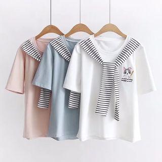 Striped Panel Embroidered Short Sleeve T-shirt