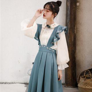 Flower Embroidered Lantern-sleeve Blouse / Ruffle Suspender Skirt