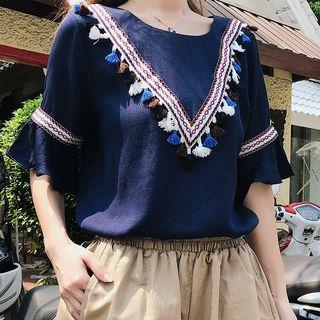 Tassel Detail Elbow-sleeve Top