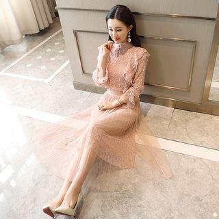Set: Lace Long-sleeve Blouse + Lace Panel Midi Skirt