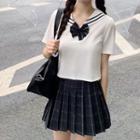 Short-sleeve Sailor Collar Top / Pleated Plaid Mini Skirt