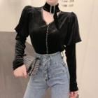 Long-sleeve Beaded Buckled Blouse