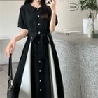 Short-sleeve Button-up Two-tone Midi Smock Dress