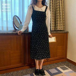 Plain Shirt / Strappy Floral Midi A-line Dress