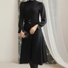 Mock-neck Puff-sleeve A-line Dress With Belt