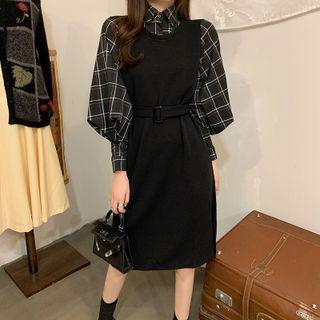 Plaid Panel Mock Two-piece Knit Dress