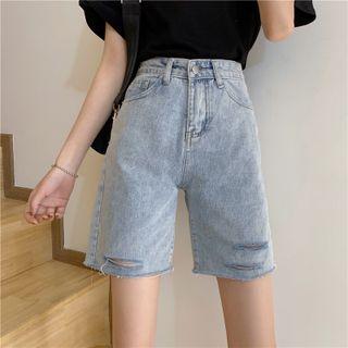High-waist Frayed Trim Ripped Wide-leg Jeans