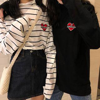 Mock- Turtleneck Heart-embroidered T-shirt
