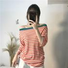 Off-shoulder Stripe 3/4-sleeve Knit Sweater